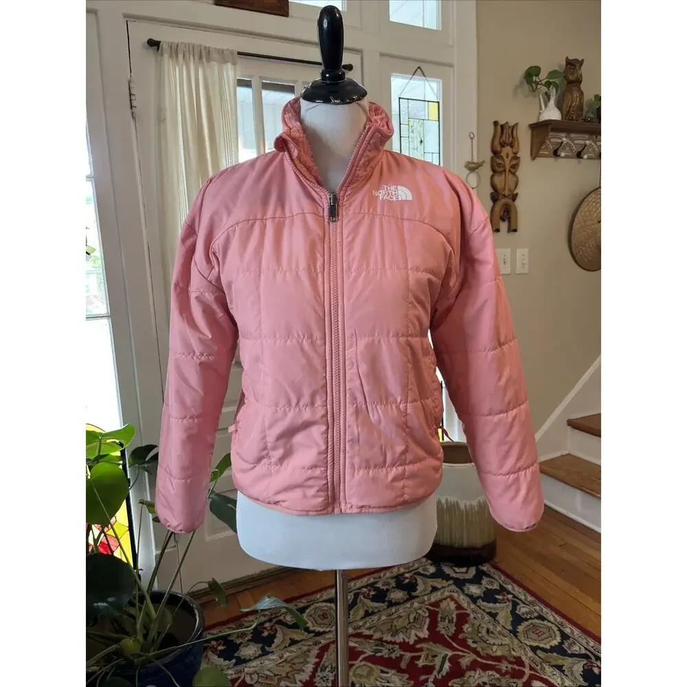 The North Face Jacket Girls L 12 Reversible Coral Pink Fuzzy Teddy Coat Warm